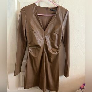 Zara Brown Faux Leather Mini Dress with V-Neck